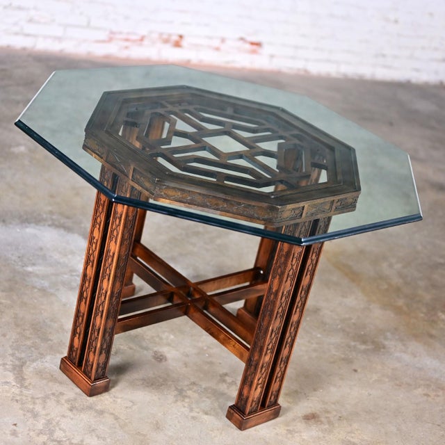 Chinese Late 20th Century Chinese Chippendale Drexel Heritage Octagon Center or Dining Table With Glass Top For Sale - Image 3 of 12