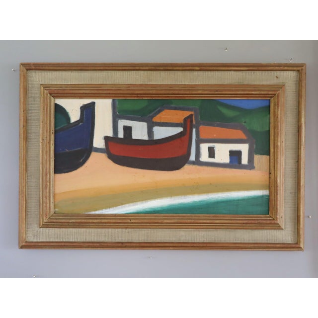BOATS AT REST Size: 18.7 x 28.5 inches (including frame) Oil on board A striking mid-century modernist painting that...