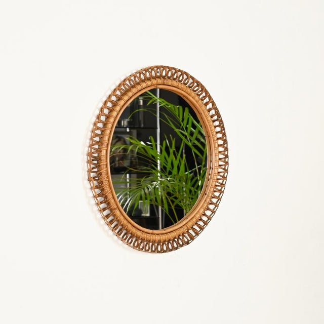 1960s Vintage Round Spring Mirror in Bamboo with Rattan and Wicker by Franco Albini, Italy, 1960s For Sale - Image 5 of 13