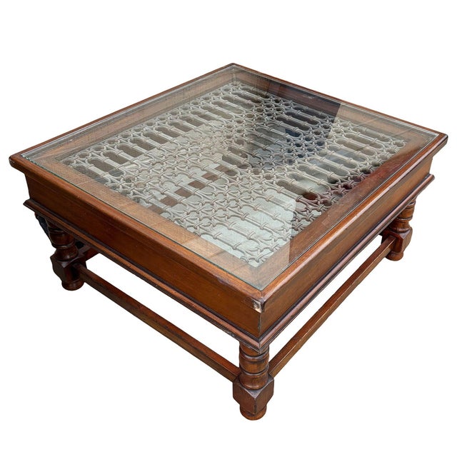 Anglo-Indian Modern Carved Sheesham Wood, Glass & Iron Window Coffee Table For Sale - Image 4 of 7
