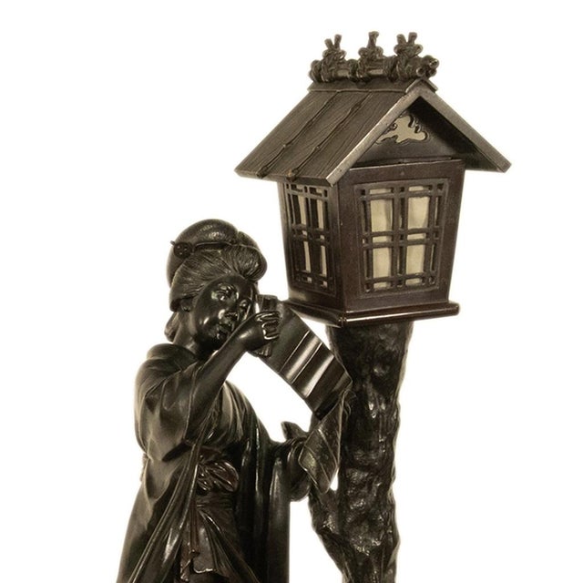 Antique Japanese Meiji Period Cast Bronze Geisha Statue Figure Lamp Signed 1890 For Sale - Image 13 of 16