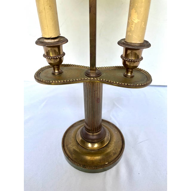 Metal Vintage French Brass Bouillotte Two Candle Lamp W/Green Metal Shade For Sale - Image 7 of 14