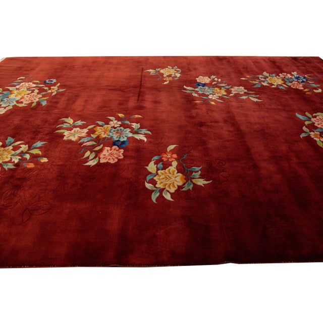 Antique Art Deco Chinese Handmade Red Wool Rug For Sale - Image 9 of 10