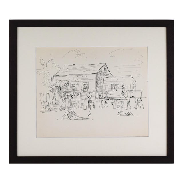 Mid Century Pen & Ink Drawing of Sunbathers in Provincetown by Emile Walker 1960s For Sale
