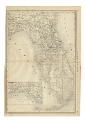 Antique Map of Railroads and Settlements and Gulf Coast Detail, 1888