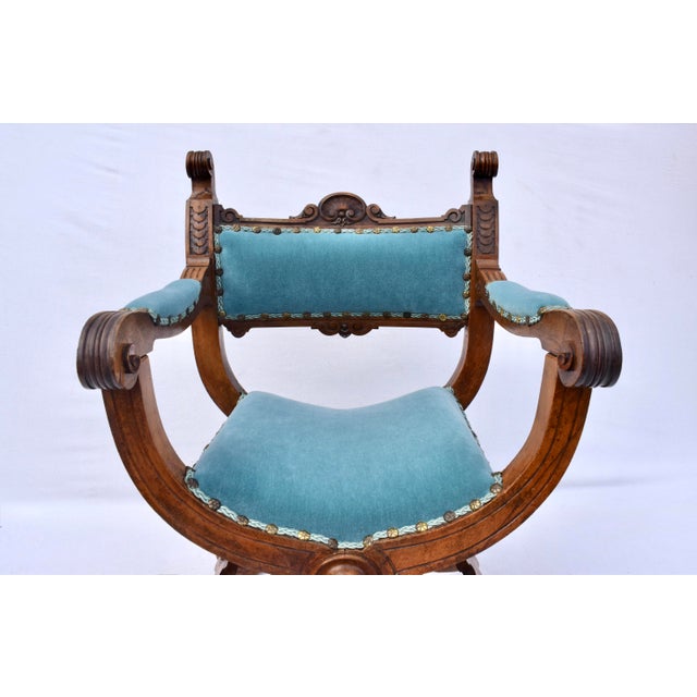French Antique French Curule Throne Chair in Mohair For Sale - Image 3 of 10