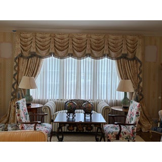 1996 Zoffany “Floral Urn” Bespoke 140" Drapery Ensemble With Lamps For Sale