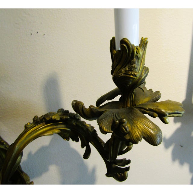 Antique Pair French 19th Century Louis XV Gilt Bronze Two Light Wall Sconces For Sale - Image 10 of 18