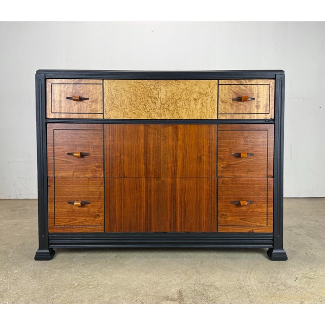 A fabulous Art Deco dresser, stylishly restored in satin oil finish and black painted trim. Features 3 drawers with...