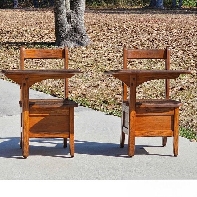 Antique Oak School Desk, Chair W/ Attached Desktop & Storage Compartment Underneath, Set of 2 For Sale - Image 6 of 6