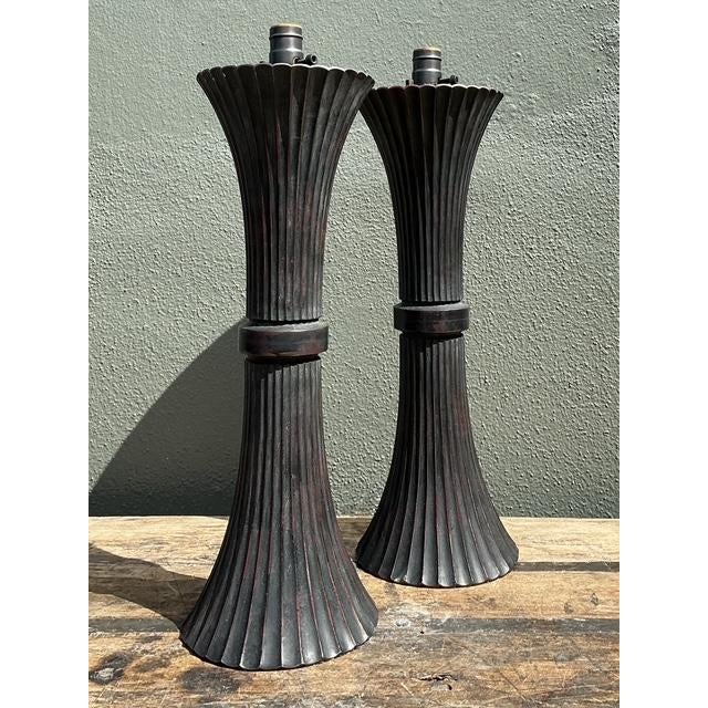 Late 20th Century Vintage Patinated Fluted Metal Lamps - A Pair For Sale - Image 5 of 12
