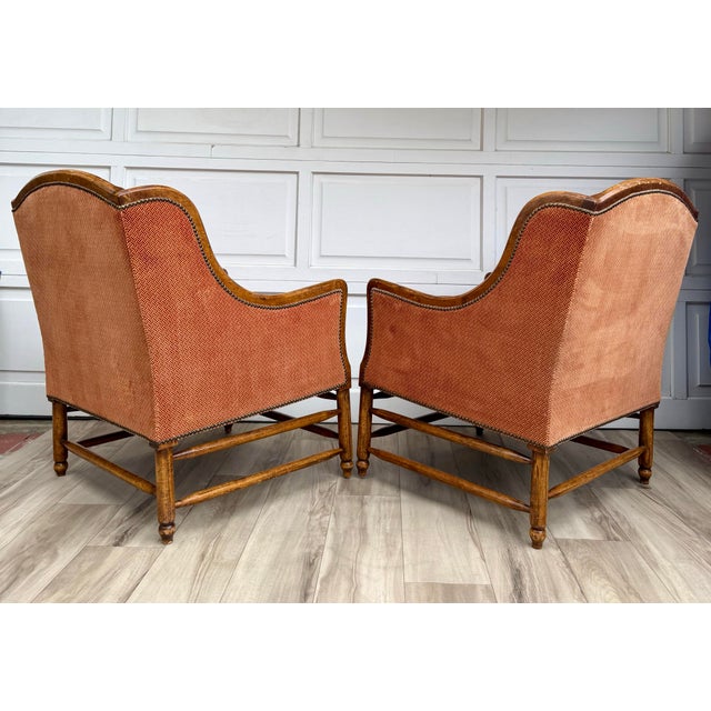 Wood Pair of Vintage Cal-Mode French Walnut Lounge Chairs in Terracotta Upholstery For Sale - Image 7 of 16
