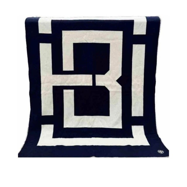 Rare TORY BURCH large wool navy and white blanket with Greek Key design Two sided Embroidered logo visible on both sides...