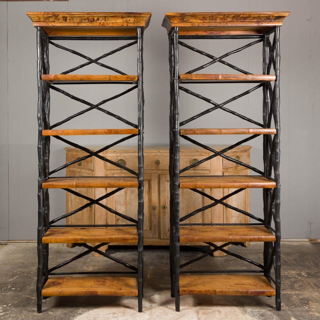 Mid 20th Century Midcentury Tall French Black and Brown Faux Bamboo Shelves, a Pair For Sale - Image 5 of 12