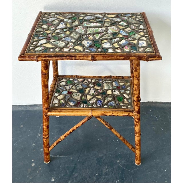Wood Vintage Boho China Mosaic Bamboo Side Table For Sale - Image 7 of 12