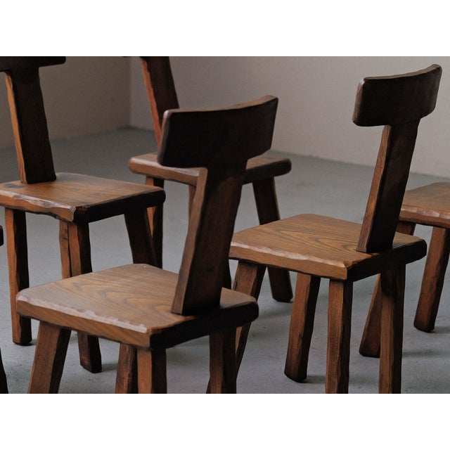 Vintage Brutalist Handcrafted Chestnut Chairs, France, 1970, Set of 6 For Sale - Image 14 of 18