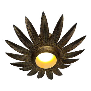 Unique 1950's Spanish Dark Gilt Metal Ceiling Fixture With Decorative Stem