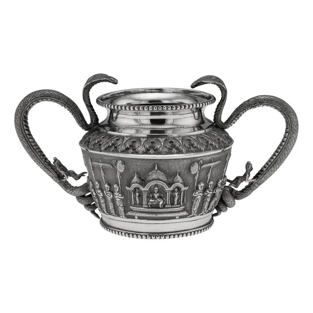 Antique 19th Century Indian Silver Cobra Handled Sugar Bowl, Madras, 1890 For Sale
