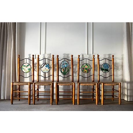 Farmhouse Vintage Hand Painted Folk Art Dining Chairs With Woven Rush Seats - Set of 5 For Sale - Image 3 of 13