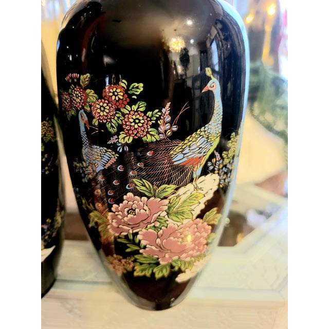 Ceramic Vintage Black Pink Chinoiserie Floral Peacock Vases= a Pair For Sale - Image 7 of 7