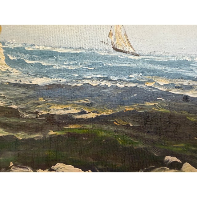 Blue Original Oil Painting Sailing Boat Harbor Storm Seascape Nautical Art Framed For Sale - Image 8 of 9