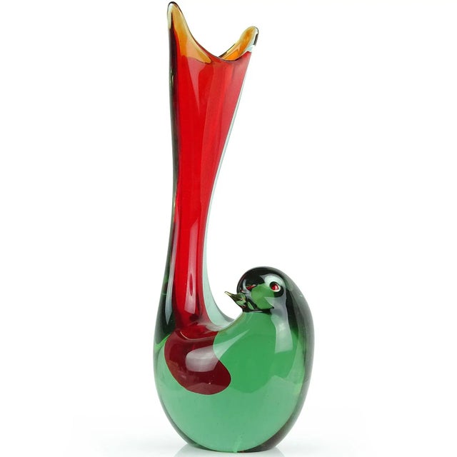 Mid-Century Modern Vintage Cenedese Murano Antonio Da Ros Gino 1961 Sommerso Red Gray Italian Art Glass Bird Sculptural Vase For Sale - Image 3 of 9