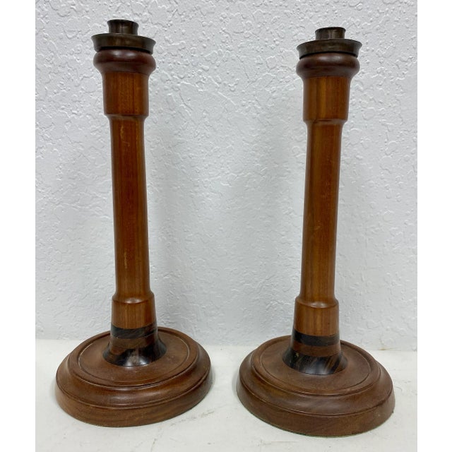 Pair of Vintage Two-Tone Wooden Candlesticks With Brass Bobeche From England. For Sale - Image 12 of 12