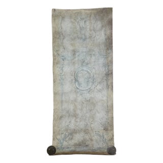 Large & Unusual Salvaged French Canvas Panel of Hand Painted Cameo & Design in Faint Blue For Sale