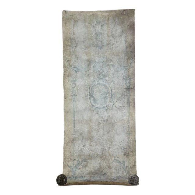 Large & Unusual Salvaged French Canvas Panel of Hand Painted Cameo & Design in Faint Blue For Sale