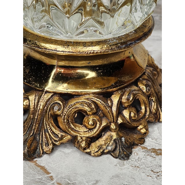 Vintage 1930s French Cut Crystal Vase With Ornate Brass Base For Sale - Image 10 of 12