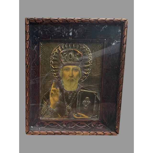 Mid 20th Century 1935 Belgrade Serbian Orthodox St Nicholas Icon Brass Oklad Carved Wood Frame For Sale - Image 5 of 8
