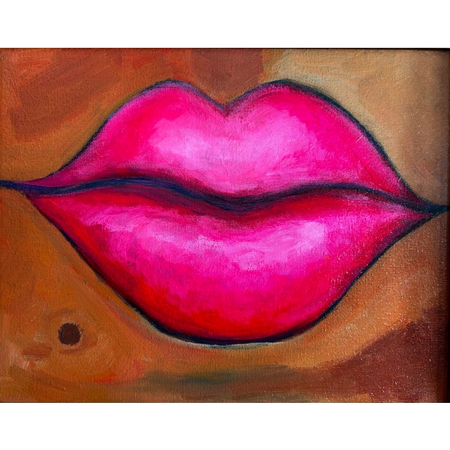 2020s Original Pop Art Painting of Hot Pink Lips in Vintage Wood Frame For Sale - Image 5 of 6