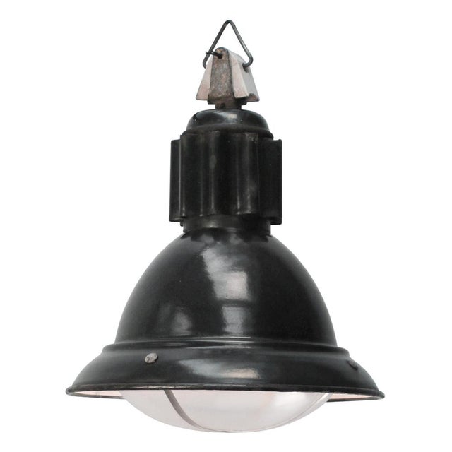 Glass Industrial French Black Enamel and Clear Glass Factory Pendant Lamp For Sale - Image 7 of 7
