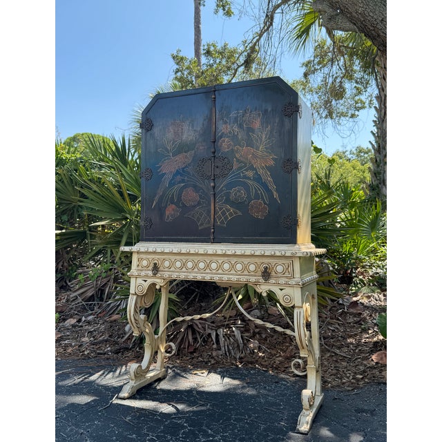 1920s Chinoiserie Black Lacquer & Gilt Cabinet on Painted Carved Stand For Sale In Tampa - Image 6 of 7