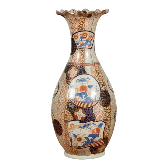 Tall Vintage Chinese Vase with Hand Painted Blue, Orange and Gold Floral Decor For Sale