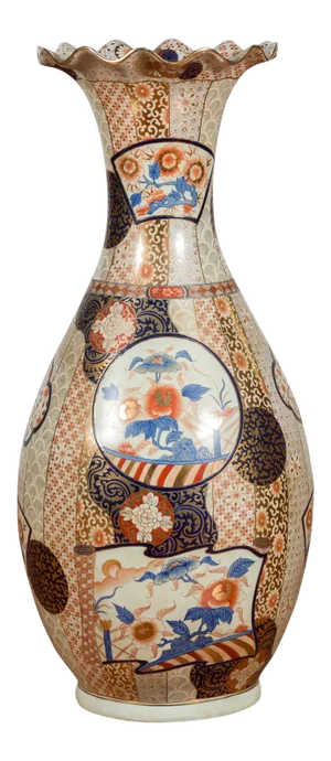 Tall Vintage Chinese Vase with Hand Painted Blue, Orange and Gold Floral Decor