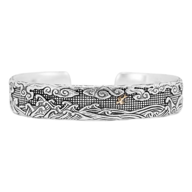 Men’s David Yurman Waves Sterling Silver & 18k Yellow Gold 12mm Cuff Bracelet For Sale