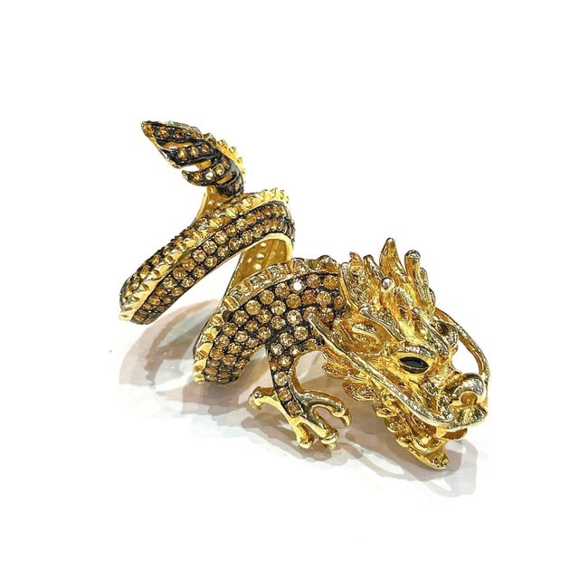 Bochic “Orient” Neoclassical Dragon Yellow Sapphire Ring Set 18K Gold & Silver For Sale - Image 9 of 11