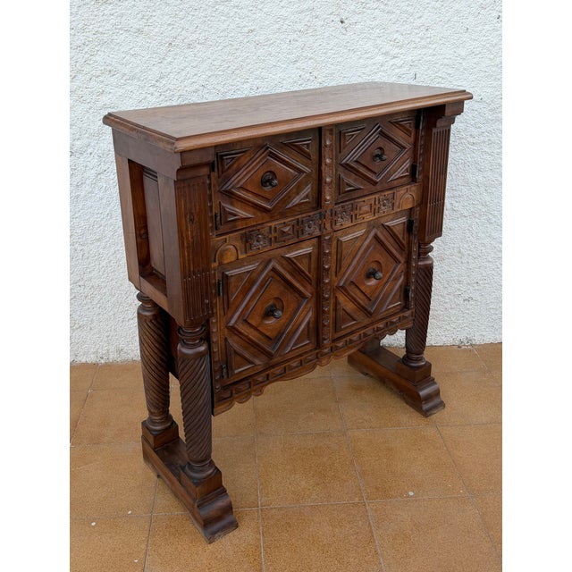 Early 20th Century Early 20th Century Rare Spanish Carved Walnut Sideboard With Geometric Panels and Spiral Columns For Sale - Image 5 of 15
