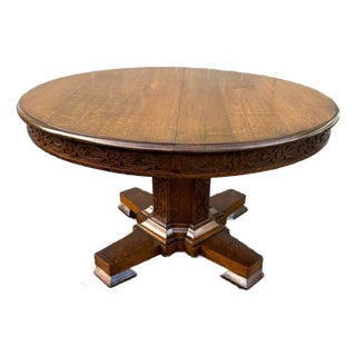 Antique Hand Carved Tiger Oak Pedestal Base Dining Table. For Sale