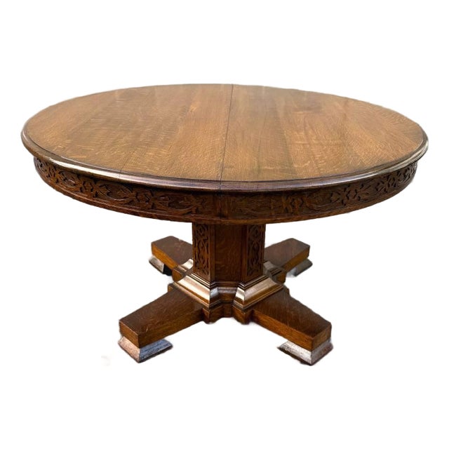 Antique Hand Carved Tiger Oak Pedestal Base Dining Table. For Sale