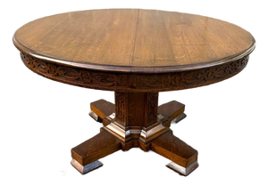 Antique Hand Carved Tiger Oak Pedestal Base Dining Table.