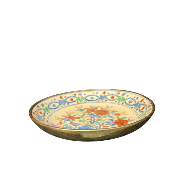 Mid-Century Modern 1960s Hand Painted Vintage Brass Porelain Ware Plate Decorated in Hong Kong For Sale - Image 3 of 5