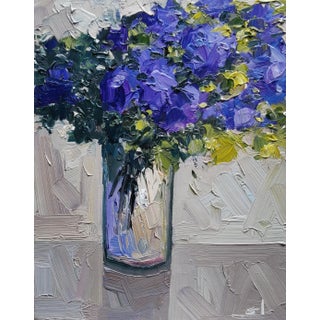 Purple Flowers Still Life Oil Painting by Vivek Mandalia For Sale