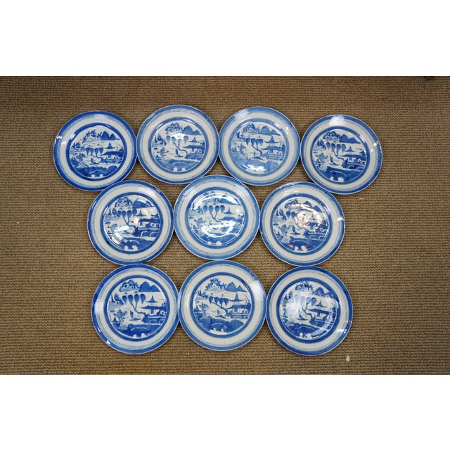 Ceramic Antique Chinese Export Canton Blue White Pagoda Willow Tree Boat Plates 10" - Set of 16 For Sale - Image 7 of 10