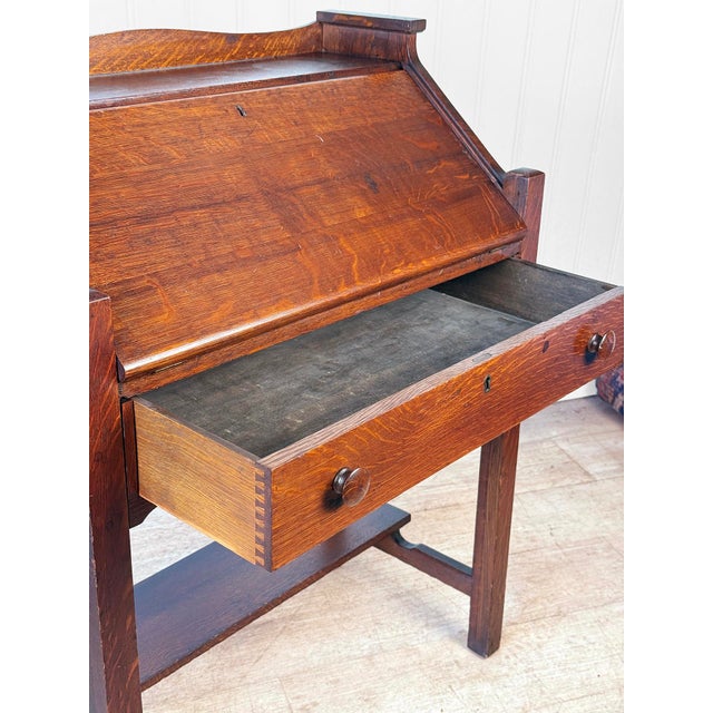 Antique Arts & Crafts Quartersawn Oak Drop Front Secretary Desk For Sale - Image 14 of 15