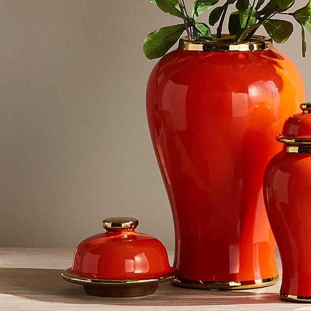 With a deep orange high gloss glaze andGold finish detailing, this lidded ginger jar is steeped in tradition. A solid...