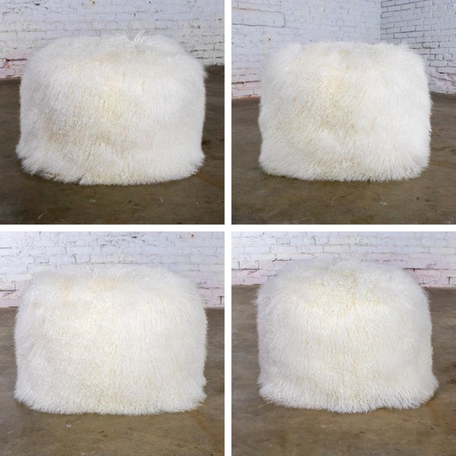 Late 20th to Early 21st Century Modern Square Ottoman or Pouf With White Mongolian Sheepskin For Sale - Image 13 of 18
