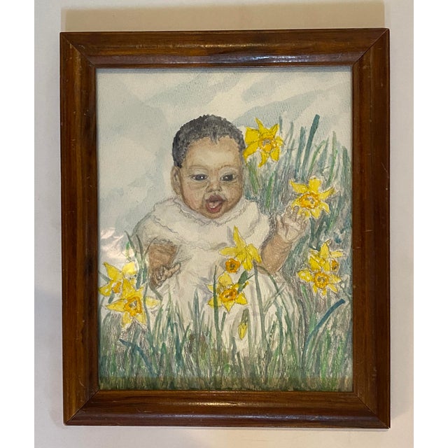 Mid 20th Century Mid 20th Century Black Toddler "April Among the Daffodils" Signed Watercolor For Sale - Image 5 of 6