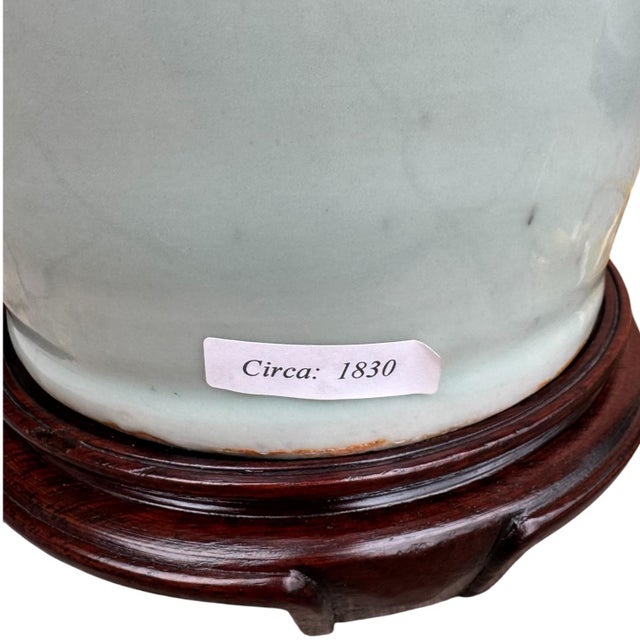 19th Century Chinese Blue & White Celadon Glazed Pottery Vase Table Lamps - A Pair For Sale - Image 9 of 12